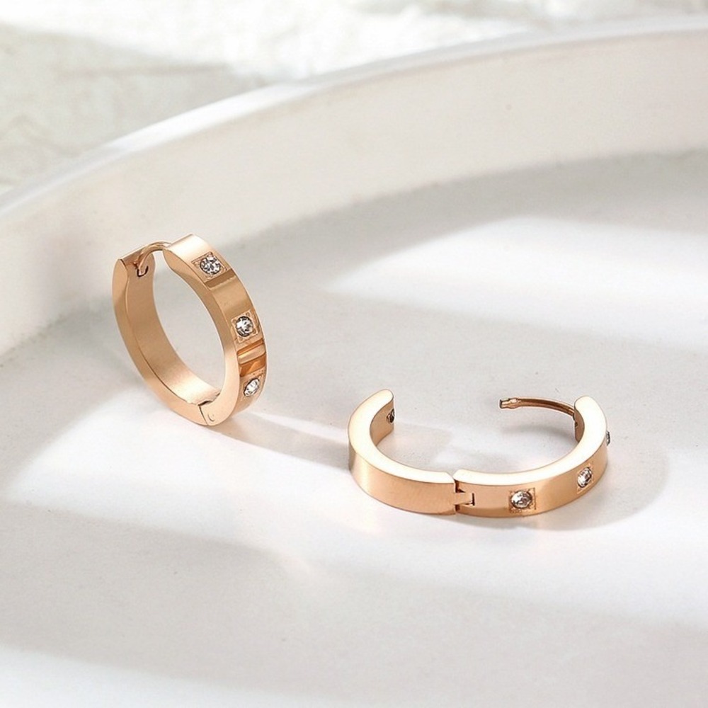 Rose Gold Stainless Steel Hoop Earrings with Crystal Accents Women - Picture 1 of 2